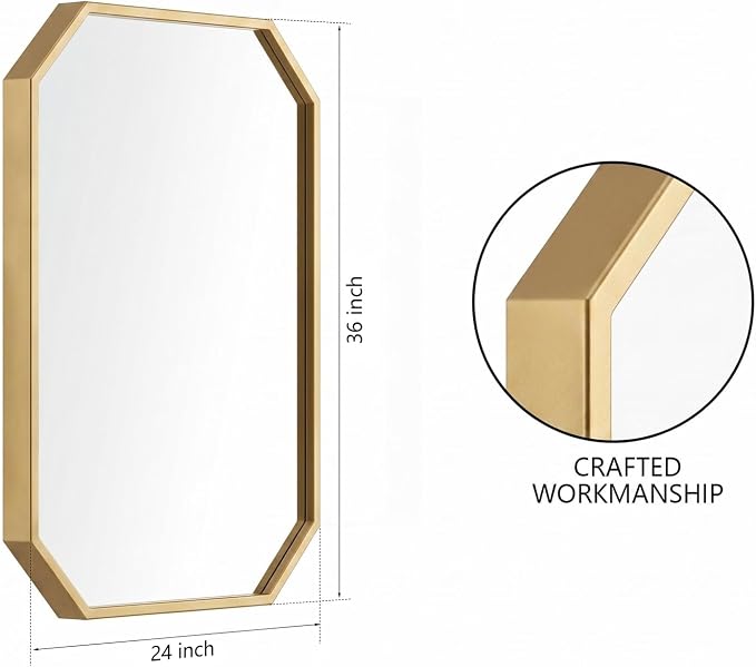 24 x 36 Inch Gold Octagon Wall Mirror, Modern Metal Framed Octagonal Bathroom Mirror, Decorative Wall Mounted Mirror for Vanity, Living Room, Bedroom & Entryway