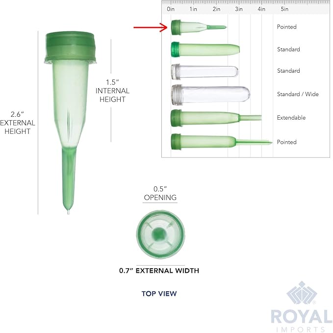Royal Imports Floral Water Tubes with Caps – 2.5" Green Plastic Flower Vials for Single Stem Roses, Buds, Bouquets – Pointed Style, 1/2" Opening – 25 Pack
