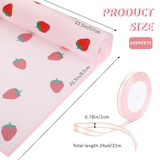 20 Sheets Flower Wrapping Paper, Matte Florist Strawberry Flower Bouquet Wrapping Paper With Ribbon Pink Paper Floral Wrap Papers for Bouquets Gifts Wrapping Papers for Birthday Girl Wedding Christmas