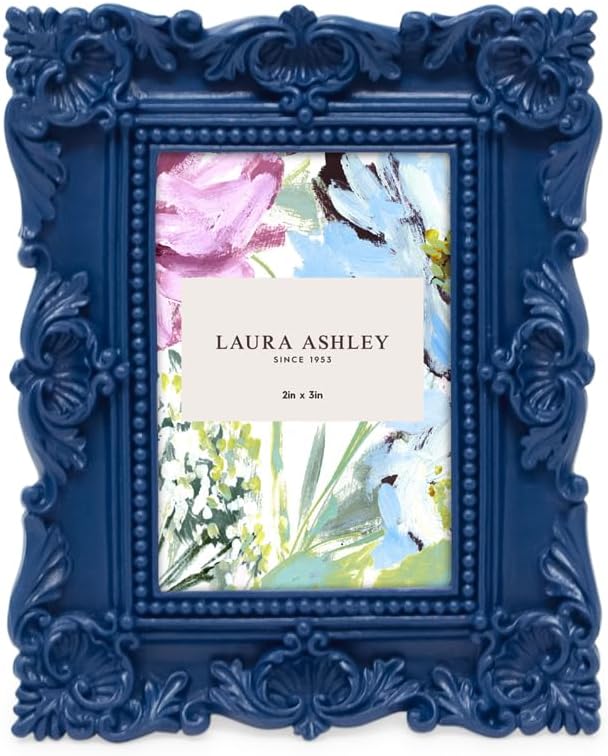 Laura Ashley 2x3 Navy Ornate Textured Hand-Crafted Resin Picture Frame with Easel, for Tabletop & Wall Display, Decorative Floral Design Home Décor, Photo Gallery, Art & More (2x3, Navy)