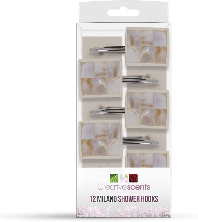 Milano Decorative Shower Curtain Hooks - Set of 12 Shower Curtain Rings for Bathroom Shower - Shower Hooks for Shower Curtain Finished in Modern Mother of Pearl