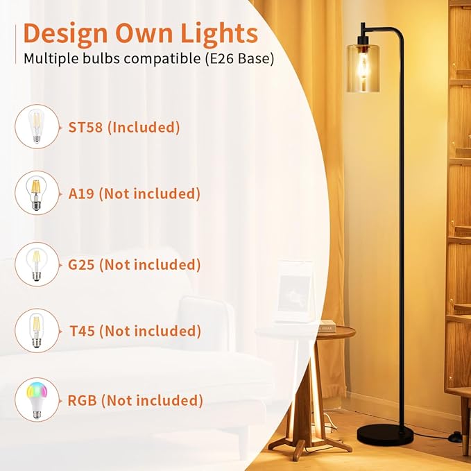 Ziisee Floor Lamps for Living Room - Standing Lamp with Amber Glass Shade, Modern Floor Lamp with LED Bulbs, Industrial Floor Lamp for Bedroom, Black Tall Lamp for Office(Light Bulb Included)
