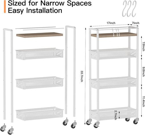 DGSNADGO Slim Rolling Storage Cart - 4-Tier Utility Cart with Handle & Wooden Top | Beige & White