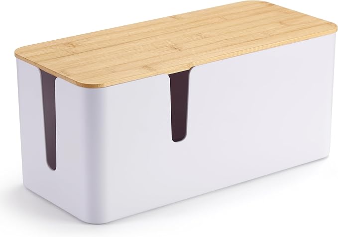 ZhiYo Bamboo Lid Cord Organizer Box, Safe ABS Cable Management Box for TV and Computer, Wood Cover Cord Hider to Hide Wires, Router, USB Hub & Under Desk Power Strip, 1 Pack L13.1 xW5.6 xH5.6 White