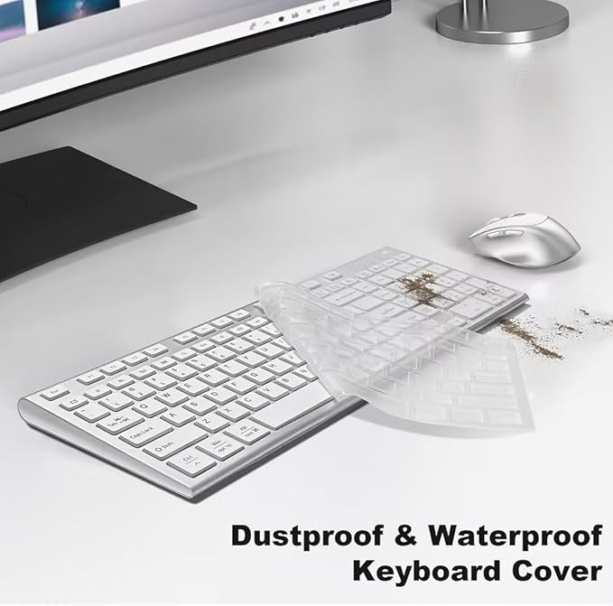 FENIFOX Wireless Keyboard and Mouse, Rechargeable USB C Combo Silent Quiet Compact Full Size Flat with Number Pad Soft Cover for Mac MacBook iMac Windows PC Laptop Computer Office - White & Silver
