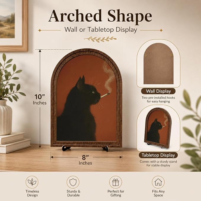 Vintage Black Cat Table Decor Arched Wooden Frame with Stand, Moody Gothic Animal Artwork for Desk Shelf Mantel, Unique Living Room Bedroom Home Decorations