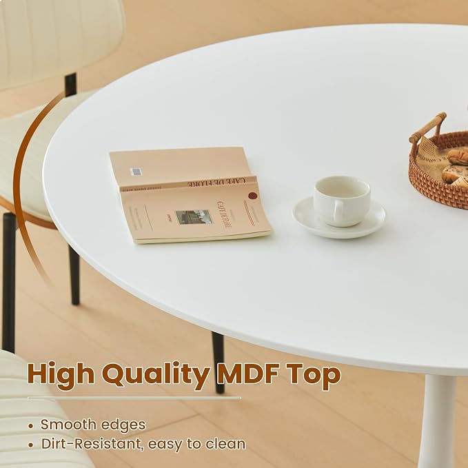 Round Dining Tulip Table for 4, Mid-Century Modern Table with Sturdy Metal Pedestal for Kitchen, Bistro, Cafe, Leisure (White, 43.5 INCH)