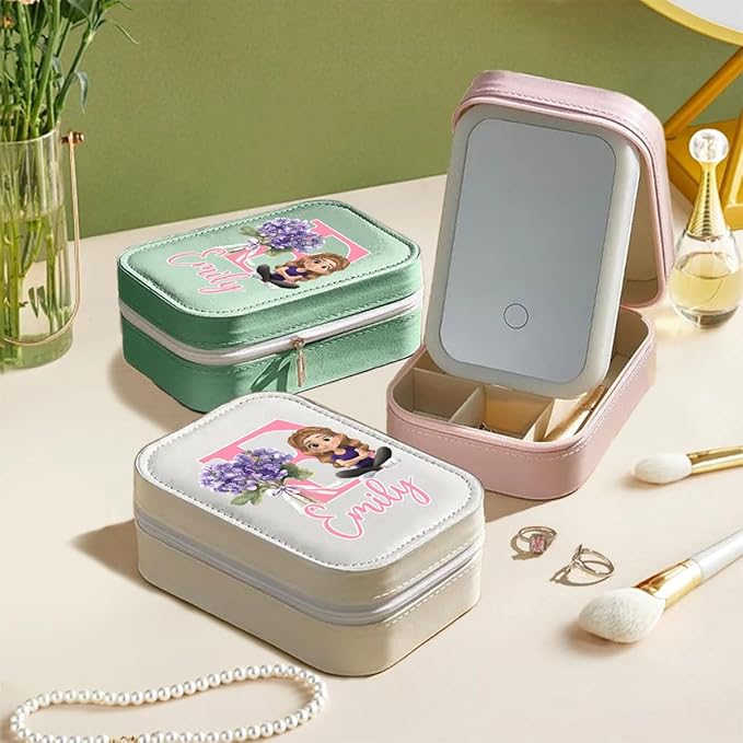 Wrappiness Women & Girls Floral Makeup Box With LED Mirror - Personalized Initial Letter and Birthmonth Flower Travel Comestic Case Gift for Daughters Sisters Friends Coworkers on Birthday Christmas