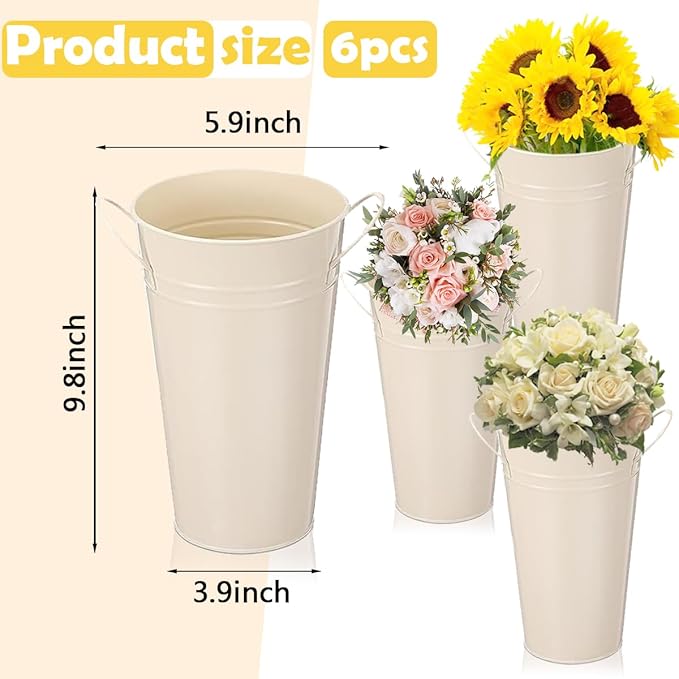 6 Pcs Galvanized Metal Vases with Handle Flower Metal Planter Galvanized Buckets Bulk Farmhouse French Flowers Bucket for Home Decor Wedding Table Centerpiece Decorations (Beige, 9.8 Inch)