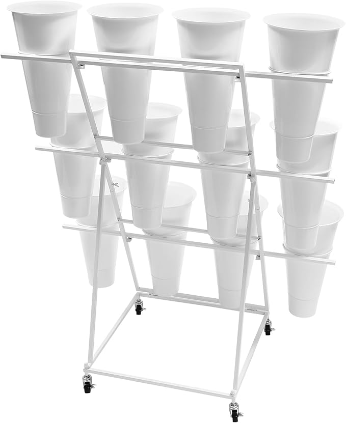 Flower Display Stand with 12 Buckets, 3 Layer Metal Plant Stand Indoor with Wheels, Heavy Duty Moving Flower Cart Flower Rack for Outdoor Patio, Garden, Florist