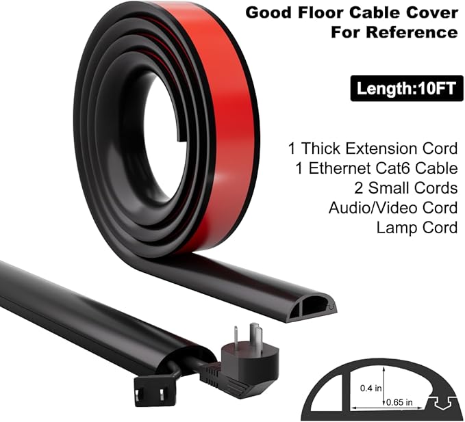 Kneelisa 10FT Side-Open Extension Cord Covers for Wires on Floor,Silicone Power Cable Protector Cord Hider Management Strip,Hide Electric Wire on Carpet,Chord Runner Protective Safety Wiremold,Black