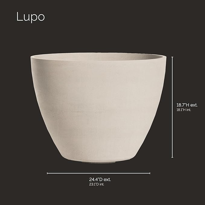 Lupo Tapered Planter – Sand Stone Finish – Fiberglass Indoor/Outdoor and Weather-Resistant Medium Planter (24.4" D x 18.7" H Exterior, 23.1" D x 18.1" H Interior)
