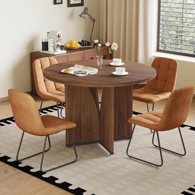 HIPIHOM Modern Round Dining Table Set for 4, 39.4" Walnut Kitchen Table with 4 PU Leather Chairs, 5-Piece Mid-Century Dining Room Set for Small Spaces, Pedestal Base