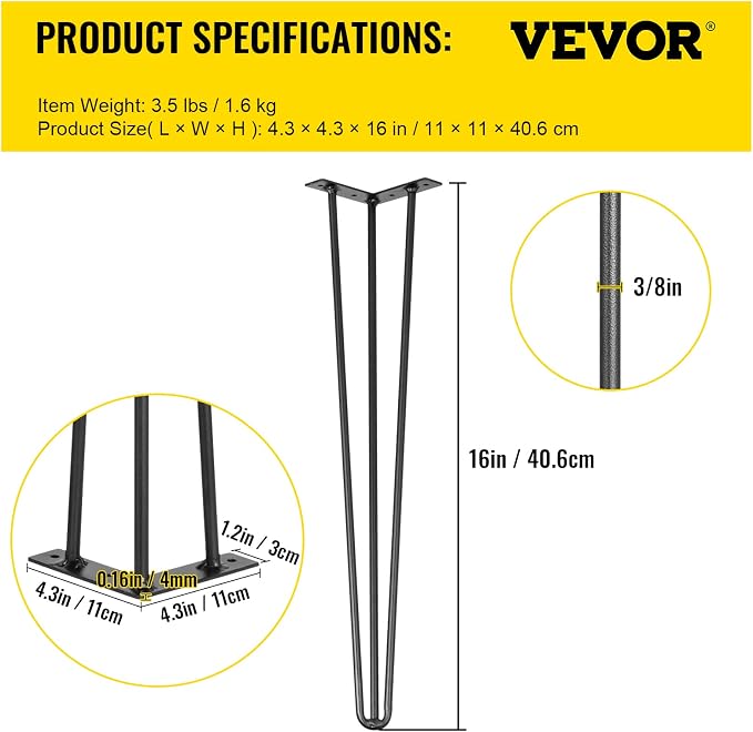 VEVOR Hairpin Table Legs 16" Black Set of 4 Desk Legs 880lbs Load Capacity (Each 220lbs) Hairpin Desk Legs 3 Rods for Bench Desk Dining End Table Chairs Carbon Steel DIY Heavy Duty Furniture Legs