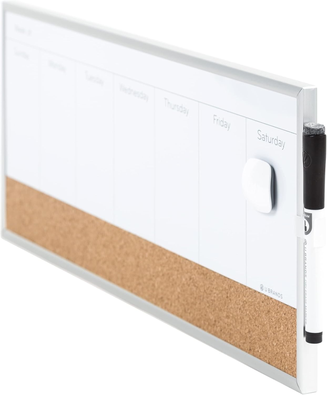 U Brands Magnetic Dry Erase Weekly Calendar | 18" x 7.5" with Cork Strip & Silver Frame