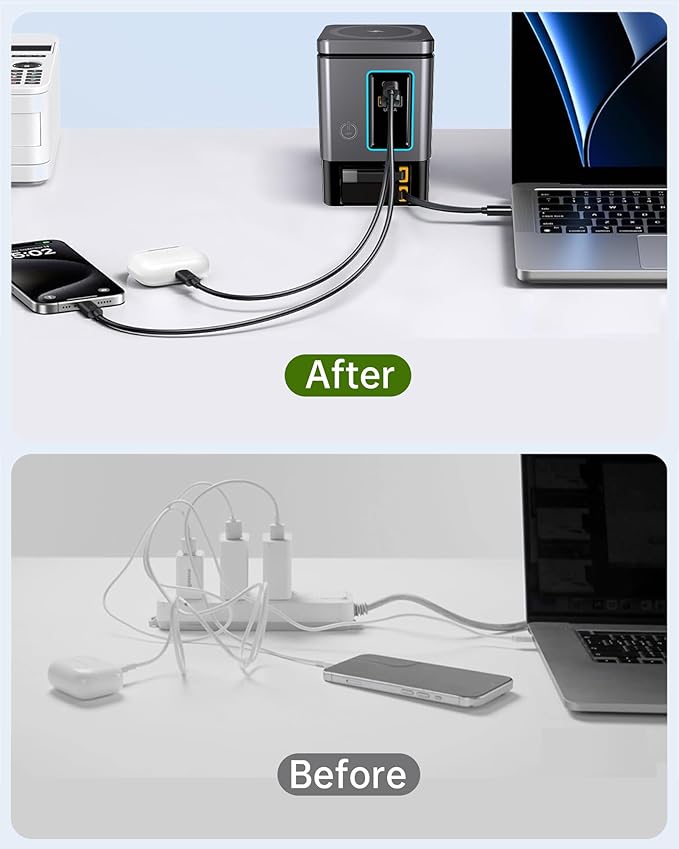 SUGOOL Retractable Charger with Wall Plug, 105W GaN 6-in-1 Charging Station with Magnetic Pad – MagSafe Compatible USB-C/Type-C Fast Charging Charger for iPhone, AirPods, MacBook