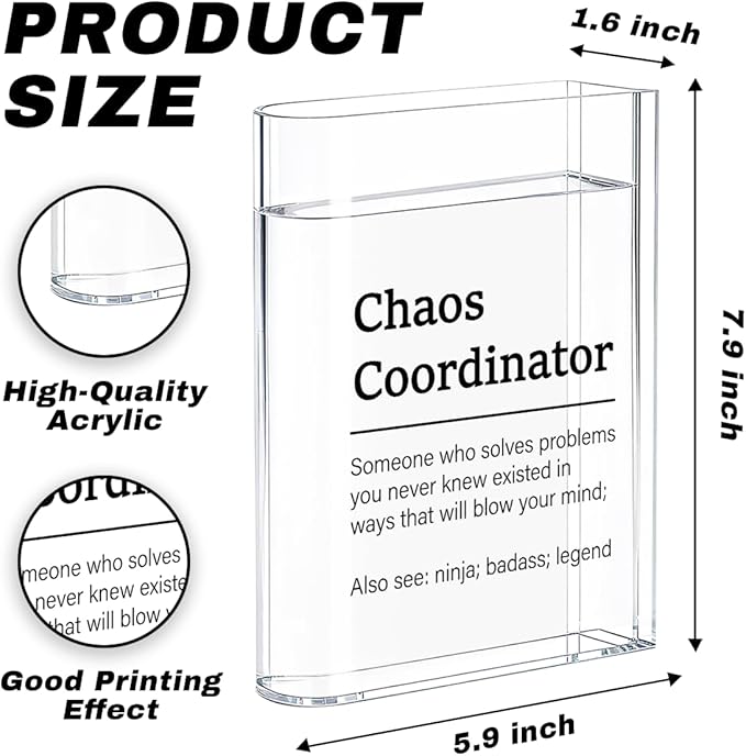 Chaos Coordinator Bosses Day Gifts for Women Men Manager Funny Office Decor for Women Wooden Acrylic Book Flower Vase National Boss Day Decorations Gifts for Leader HR Manager Bookshelf Desk Decor