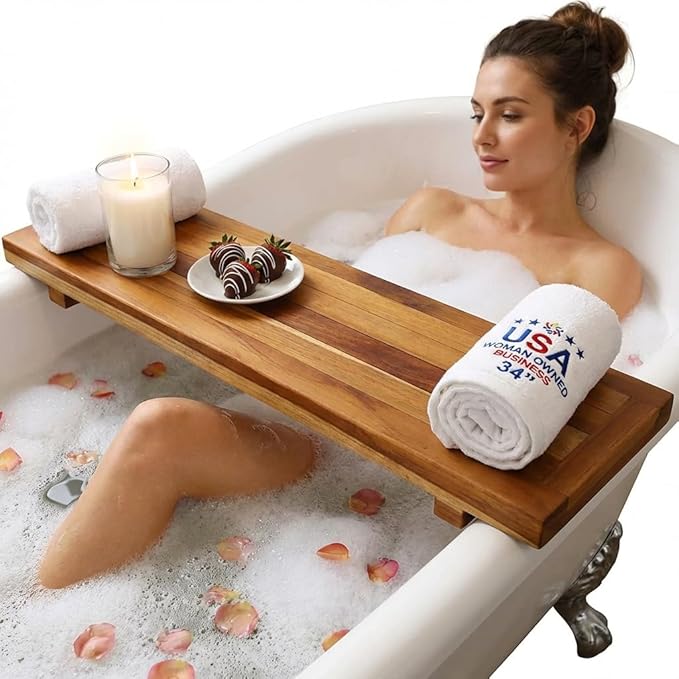EcoDecors, 34 inch, Bath Tray for Tub, Bath Tub Tray Wood, Bathtub Table, Caddy for Bathtub in Natural Teak