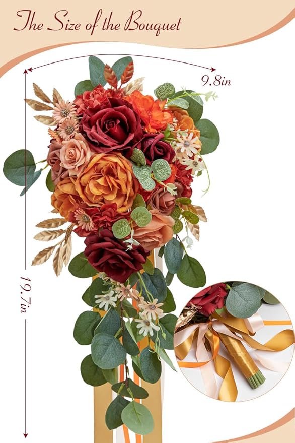 Serwalin 9.8 Inch Wedding Bouquets for Bride Bridesmaid, Orange Burgundy Dahlia Bridal Bouquets for Bride, Wedding Flowers Bouquet, Wedding Ceremony and Anniversary Decor