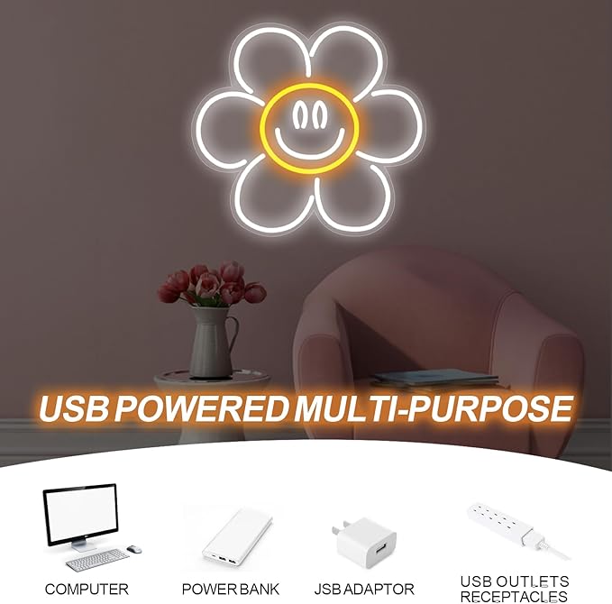 Daisy Smile Face Neon Sign, Sunflower LED Neon Light, Face Neon Signs for Wall Decor,Smile face Neon Signs for Bedroom Wall with Dimmable Switch for Children's Room,Bar, Party,Christmas,Wedding