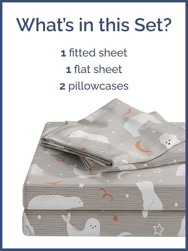 Kids Polar Bears Queen 4 Piece Sheet Set - Boys, Girls, Teens, Toddler - Easy Fit, Deep Pockets - Breathable, Hotel Quality Sheets - Machine Washable & Wrinkle Free - Cute, Cozy & Soft - CGK Linens