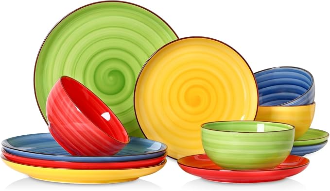 Selamica Ceramic Plates and Bowls Sets,12 Pieces Dinnerware Sets for 4,Scratch Resistant Dish Set,Dishwasher & Microwave Safe, Dopamine