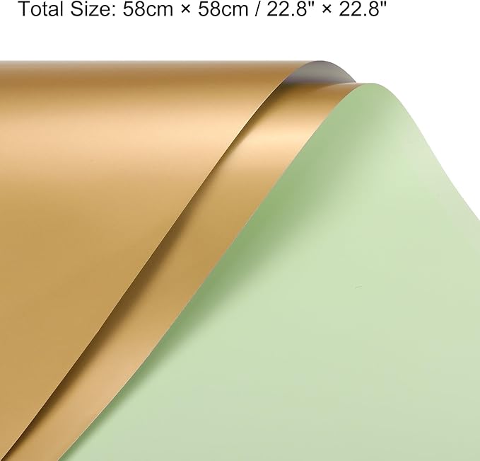 MECCANIXITY 10 Pcs Double Sided Color Flower Wrapping Paper Light Green+Gold 22.8"x22.8" Waterproof for Florist Bouquet Supplies, DIY Crafts, Gift Box Packaging