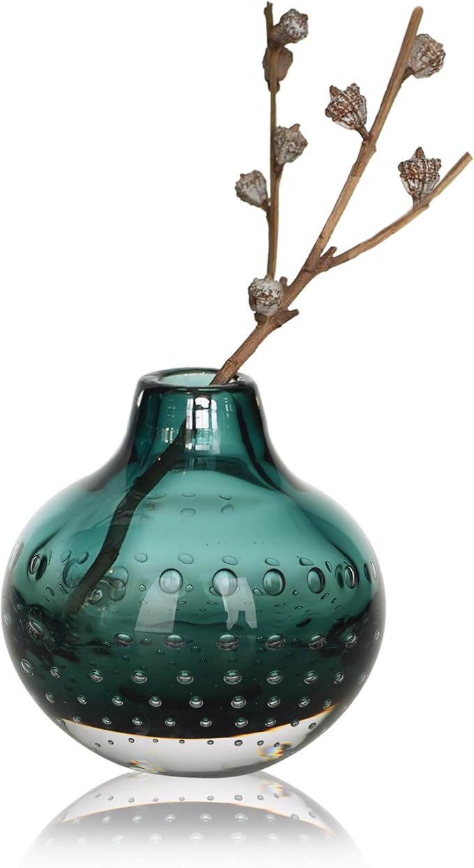 CONVIVA Bud Vase Green Glass Vase Flower Art Diffuser for Reed Idea Modern Handcrafted Small Tabletop Fall Decor Arrangement 4.2" H
