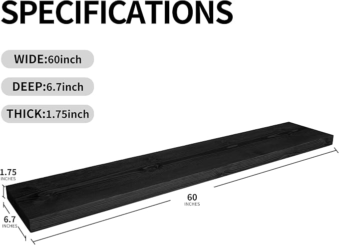BGMG Wood Floating Shelves for Wall 60 inch Set of 2,Black Floating Shelves,Solid Wood Wall Mount Shelves for Living Room Bedroom Kitchen Farmhouse -60x6.7x1.75 inch