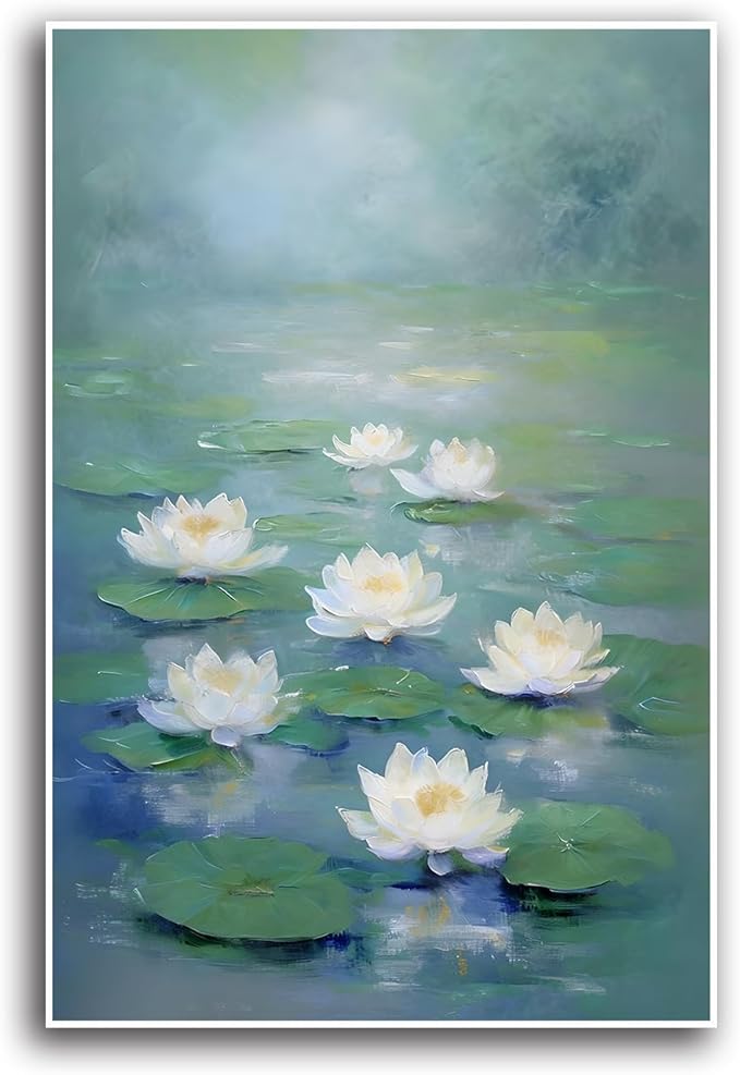 Zen wall art Delicate white lotus flower floating on calm water Vintage oil painting print Serene aquatic wall art creates a tranquil home decor 20x30in Frameless