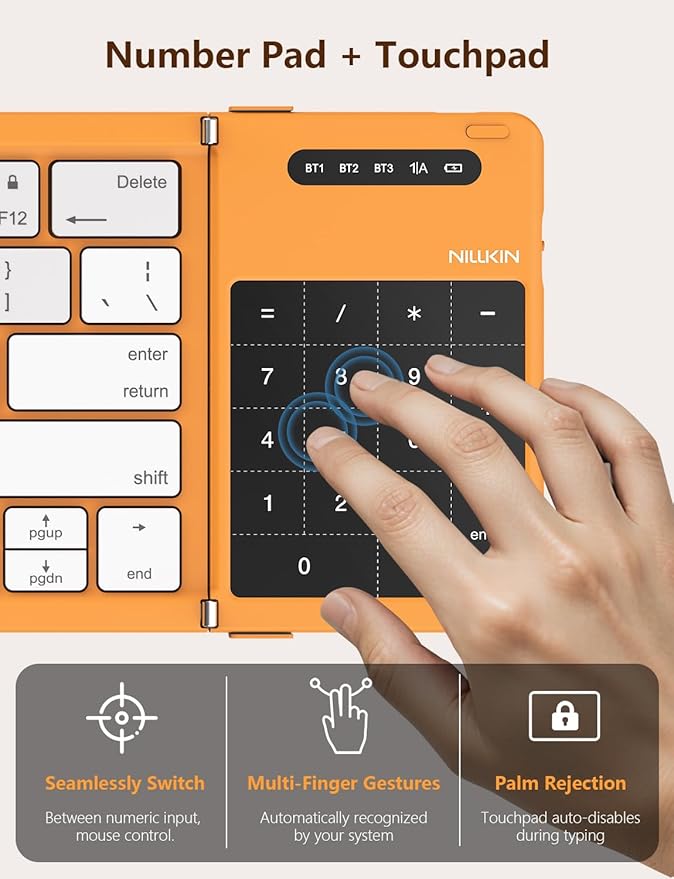 Nillkin Foldable Bluetooth Keyboard with Touchpad & Number Pad, Portable Bluetooth Keyboard with Full Size Keys, Pocket-Sized Wireless Travel Keyboards for iPad, Smartphone, Tablet and Laptop Orange
