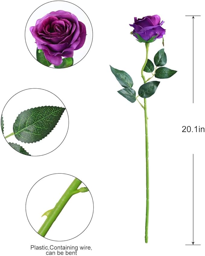 Veryhome Artificial Flowers Silk Roses Fake Bridal Wedding Bouquet for Home Garden Party Floral Decor 10 Pcs (Purple Straight stem)