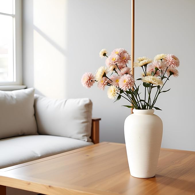 Large Ceramic Vase, 11 inch Minimalist Vase for Home Decor, Handmade Farmhouse Flower Vase for Table Centerpiece, Wedding, Living Room, Kitchen Decoration, Shelf Decor (Rice White)