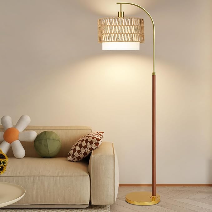 ZECOXOL Boho Floor Lamps for Living Room Wood Floor Lamp with Remote Control,Dimmable Rattan Floor Lamps Farmhouse Gold Standing Lamp with 3 Color Temperature Tall Arc Floor Lamp for Bedroom Corner