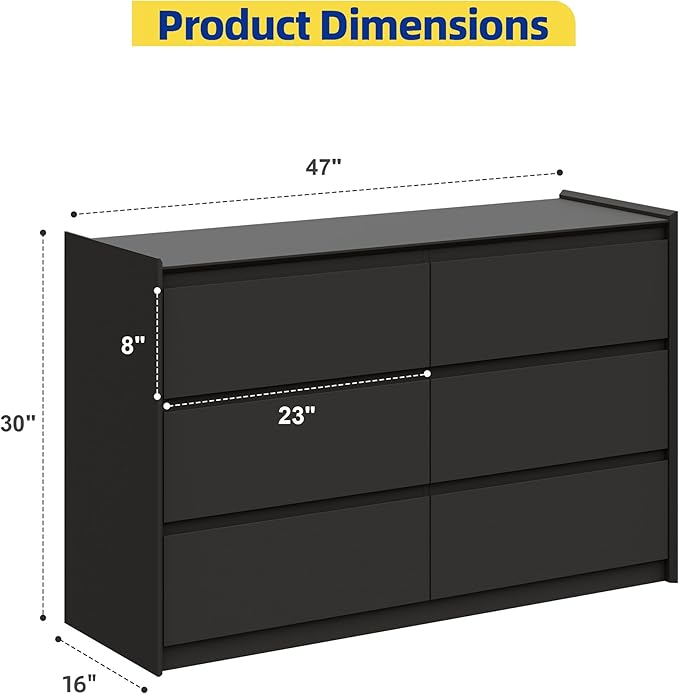 Black Dresser for Bedroom, 47" Wide Chest of Drawers, Simply Modern 6 Drawer Storage Organizer for Closet, Hallway, or Living Room