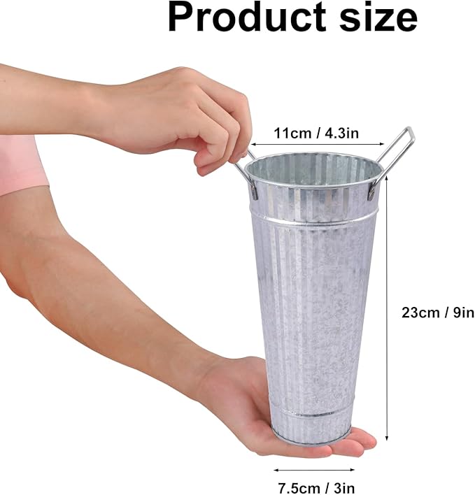 10 PCS 9 Inch Tall Galvanized Flower Buckets, Metal Flower Vase, Rustic Farmhouse French Flower Buckets with Handles for Wedding, Home Décor(Silver)