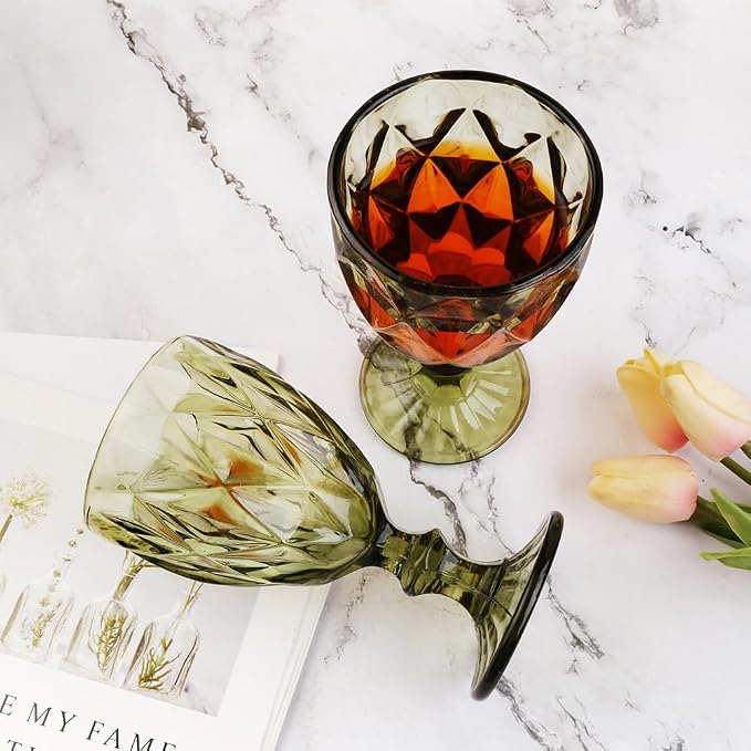 Pure Green Wine Glasses 6Pcs a Set Solid Colors Glass Goblets Colorful Dishwasher Safe Colored Glassware With An Embossed Vintage Never Fade Colored Goblets Pattern Like Crystal (Glass, Green)