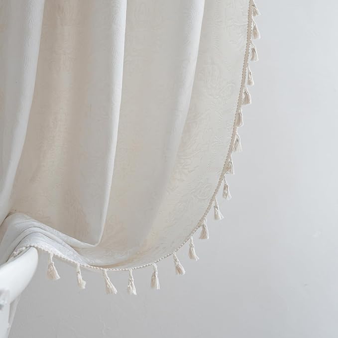 ENJOYBRIDAL Cream Damask 63 Inch Curtains for Living Room Farmhouse Drapes Semi Sheer Medallion Patterned Short Window Curtain Panels Bedroom Jacquard Rod Pocket 2 Panels Dining Room Window Treatments