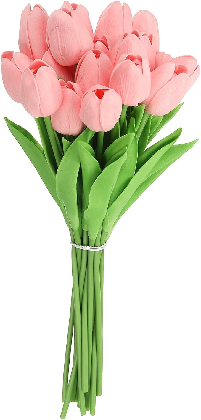 uxcell 20pcs Tulips Artificial Flowers, Faux Flowers Silk Fake Tulip Stems Real Touch for Wedding Bouquet Centerpiece Table Party Decoration(Medium Pink)