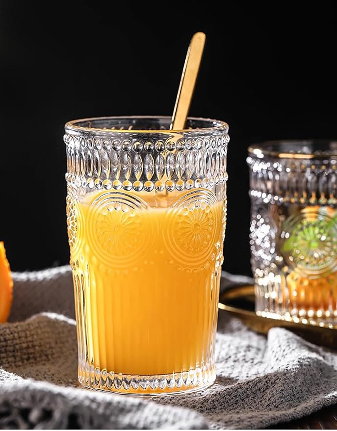 Loivttvv 6pcs Vintage Drinking Glasses Set, 12 oz Clear Highball Glasses, Embossed Ribbed Glassware Cups for Cocktail, Water, Juice, Coffee, Whiskey
