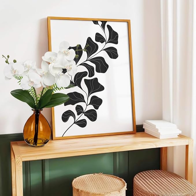 Oairse White Orchids Artificial Flowers, Faux Orchid in Glass Vase Real Touch Small Phalaenopsis Orchid Flowers Arrangements with Amber Vase Orchids Centerpiece for Dining Room Table