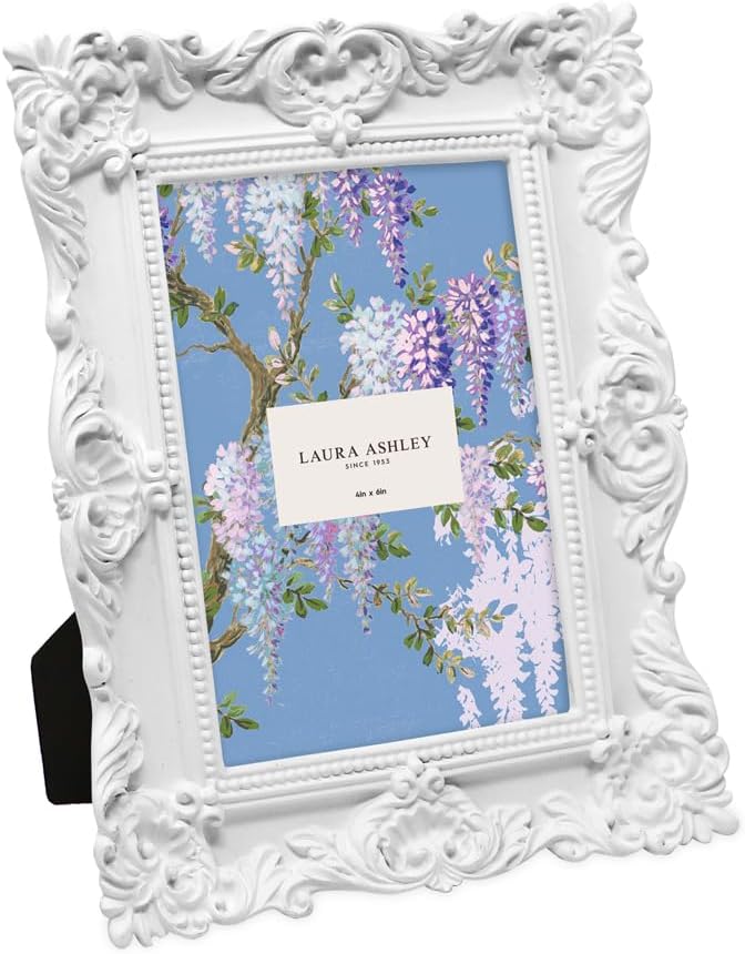 Laura Ashley 4x6 White Ornate Textured Hand-Crafted Resin Picture Frame with Easel & Hook for Tabletop & Wall Display, Decorative Floral Design Home Décor, Photo Gallery, Art, More (4x6, White)