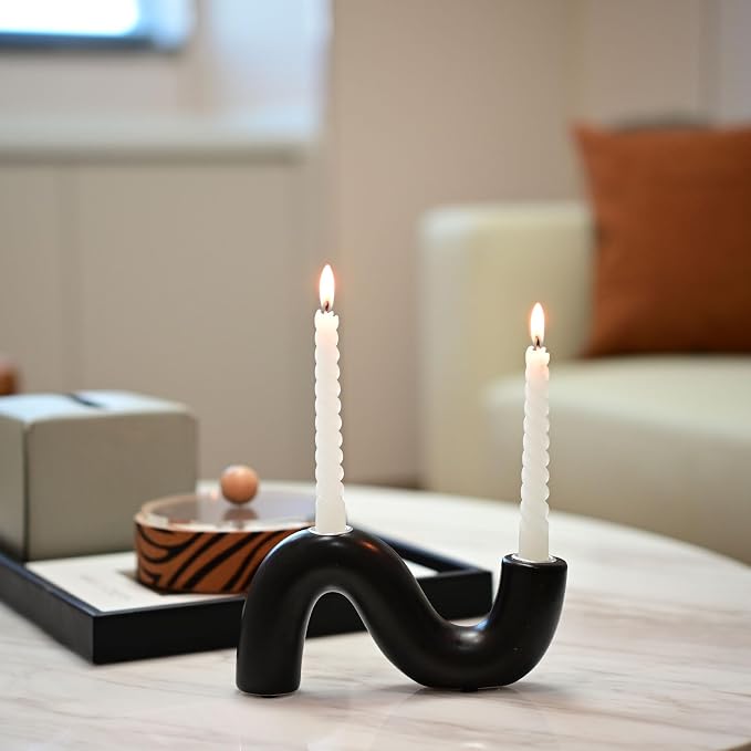 Ceramic Candle Holder, Modern Taper Candlestick Holder for Dining Table, Living Room Coffee Table, Candelabra for 2 Taper Candles-Black