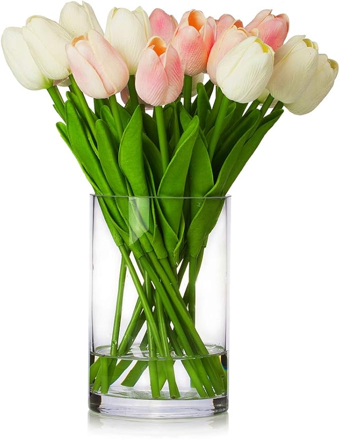 ENOVA HOME 20 Pieces Artificial Real Touch Tulips Flower Arrangement in Glass Vase with Faux Water for Home Decoration (White Pink)