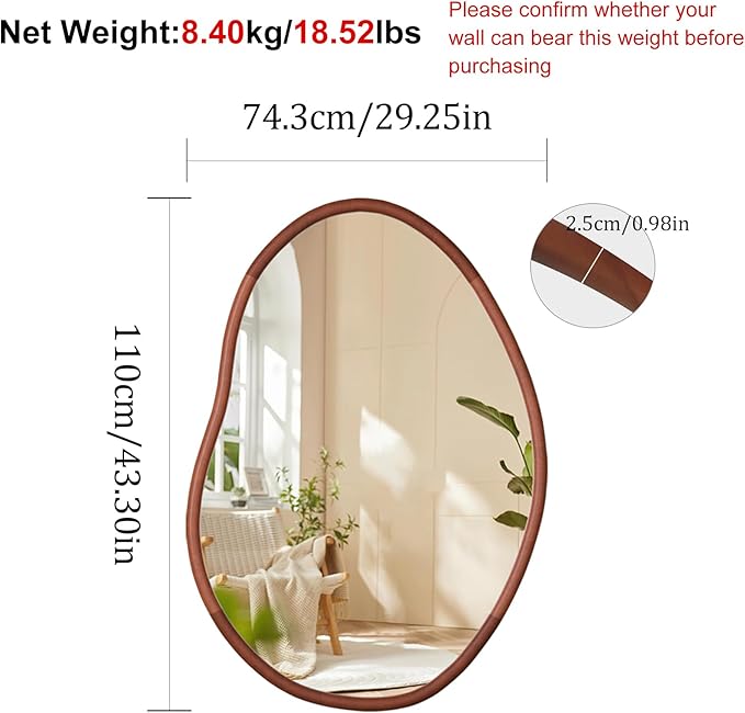 Irregular Wall Mirror Asymmetrical: Abstract Wood Frame 43x30 inch | Unique Vanity Glass Mirrors, Cloud-shape, Horizontal Vertical Hanging, Sleek Entryway Accent