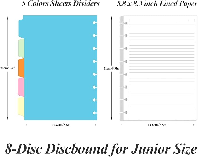 Junior Size Lined Paper Refills - 100 Sheets/200 Pages 8-Disc Refill Paper, 5 Colorful Sheets Dividers, 5.8" x 8.5"
