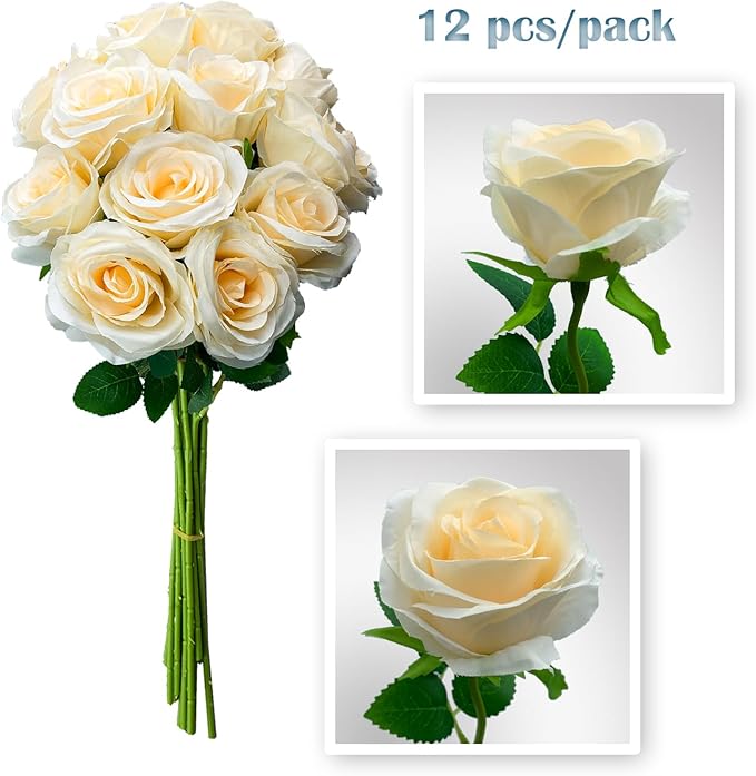 12 PCS Rose Artificial Silk Flowers, Fake Roses with Long Stems Realistic Faux Rose Flower Bouquets for Home Wedding Decoration Party-Champagne