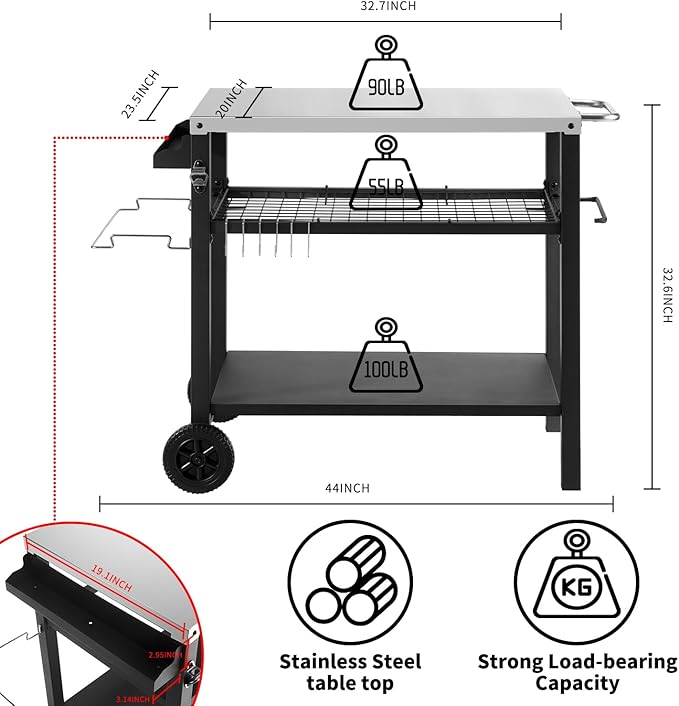 DNKMOR Dining Cart Table with Three Shelf, Movable Outdoor BBQ Grill Table Pizza Oven Stand with Three Hooks, Kitchen Cart Island Multifunctional Food Prep Table for Inside and Outside (Sliver)