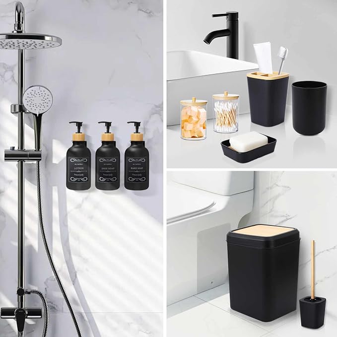 XLHOMO Black and Wood Bathroom Accessories Set 19Pcs, Bathroom Set with Trash Can and Toilet Brush, 3PCS Drill Free 17oz Soap Dispenser Wall Mounted, Toothbrush Holder and Cup, Soap Dish, Qtip Holder