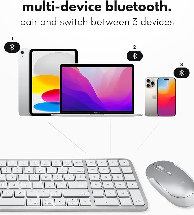 Macally Bluetooth Mac Keyboard and Mouse - Compact (2 Zone) Wireless Apple Keyboard and Mouse Combo with Number Pad - Multi Device, Rechargeable - for Mac, MacBook Pro/Air, iPad, iPhone - Silver